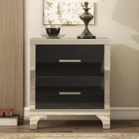 Elegant High Gloss Nightstand with Mirrored Front and 2 Drawers, Stylish Bedside Table for Large Bedrooms, 22.5'' L x 15.5'' W x 23.5'' H, Black(m-4)