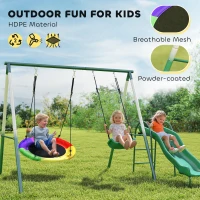 Qaba Metal Swing Set with Slide, Saucer Swing Seat, Heavy Duty A-Frame Stand and Adjustable Rope for Backyard, Dark Green(m-9)