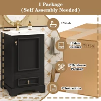 Stylish Bathroom Vanity with Ceramic Sink, Soft-Close Door & Drawer, Space-Saving Cabinet for Compact Washroom, 20'' L x 18.5'' W x 34'' H, Black(m-9)
