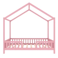 Twin-Size House-Style Toddler Bed Frame with 4-Sided High Railings, Montessori Floor Bed with Canopy, 78.5'' L x 41.5'' W x 78'' H, Pink(m-11)