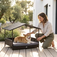 PawHut Wicker Dog House Outdoor with Canopy, Rattan Dog Bed with Water-resistant Cushion, Raised Pet Bed for Small, Medium Breeds up to 66 lbs, 20" in Length, Brown Wicker, Gray Cushion(m-10)