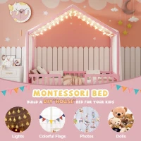 Twin-Size House-Style Toddler Bed Frame with 4-Sided High Railings, Montessori Floor Bed with Canopy, 78.5'' L x 41.5'' W x 78'' H, Pink(m-5)