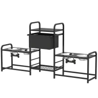 PawHut 3 Height Adjustable Dog Bowl Stand with 2 Feeding Stations, Toy Bin Basket, Black(m-1)