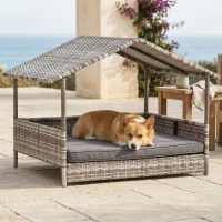 PawHut Wicker Dog House Elevated Raised Rattan Bed with Removable Cushion Lounge, Charcoal Gray(m-2)