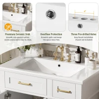Solid Bathroom Vanity with Ceramic Undermount/Drop-In Sink, Modern Storage Cabinet for Compact Washrooms, 30'' L x 18'' W x 34'' H, White(m-7)