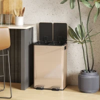 HOMCOM Dual Garbage Bin, Soft-Close Trash Can with Foot Pedal, 2 x 28 Liter Garbage Can with Removable Inner Buckets, Gold(m-10)