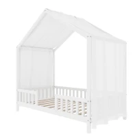 Twin House-Shaped Toddler Bed with 4 High Guard Railings & Roof Frame, Montessori Floor Bed with Canopy, 78.5'' L x 41.5'' W x 78'' H, White(m-9)