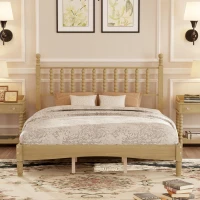 Queen Size Wood Platform Bed with Retro Gourd-Shaped Headboard, Solid Bed Frame for Eclectic Bedrooms, 84.5'' L x 63.5'' W x 45'' H, Natural(m-7)