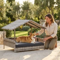 PawHut Wicker Dog House Elevated Raised Rattan Bed with Removable Cushion Lounge, Charcoal Gray(m-11)