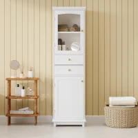 Tall Bathroom Storage Cabinet with Glass Doors, Free-Standing with Adjustable Shelves and Drawers, 18" L x 14" W x 63" H, White(m-10)