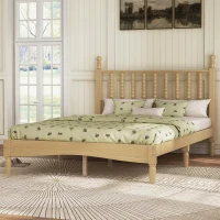 Full Size Wood Platform Bed with Gourd-Shaped Headboard, Solid Bed Frame for Eclectic Bedrooms, 79'' L x 57'' W x 45'' H, Natural(m-4)