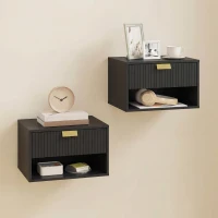 HOMCOM Set of 2 Wall Mounted Bedside Tables, Floating Nightstands with Fluted Drawer and Open Shelf for Bedroom, Black(m-1)