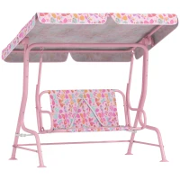 Qaba Kids Patio Swing, 2-Seater Outdoor Porch Swing with Safety Belt and Adjustable Canopy for Backyard Garden, Pink(m-11)