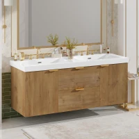 Double Sink Bathroom Vanity with Integrated SMC Top, Wall-Mounted Floating Cabinet for 2 People, 59.5'' L x 20'' W x 25.5'' H, Wood(m-1)