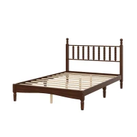 Full Size Wood Platform Bed with Retro Gourd-Shaped Headboard & Wooden Slat, Solid Bed Frame for Eclectic Decors, 79'' L x 57'' W x 45'' H, Walnut(m-6)