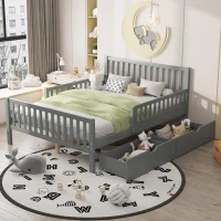 Full Size Wood Platform Bed with 2 Under-Bed Storage Drawers, Solid Bed Frame with Guardrails on Both Sides, 77.5'' L x 57.5'' W x 34.5'' H, Grey(m-1)