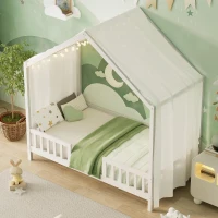 Twin House-Shaped Toddler Bed with 4 High Guard Railings & Roof Frame, Montessori Floor Bed with Canopy, 78.5'' L x 41.5'' W x 78'' H, White(m-8)