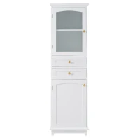 Tall Bathroom Storage Cabinet with Glass Doors, Free-Standing with Adjustable Shelves and Drawers, 18" L x 14" W x 63" H, White(m-1)