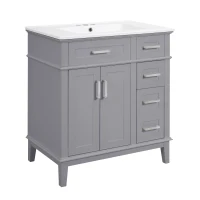 Free-Standing Bathroom Vanity with Ceramic Undermount/Drop-In Sink, Modern Storage Cabinet for Small Condos, 30'' L x 18'' W x 34'' H, Grey(m-15)