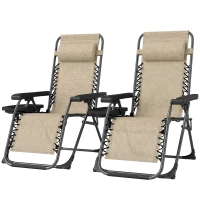 Outsunny Zero Gravity Chair Set of 2, Folding Reclining Outdoor Lounge Chair with Cup Holder, Headrest, Light Brown(m-2)