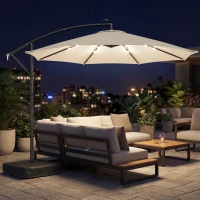 Outsunny 10 ft Cantilever Patio Umbrella with Light, Weight, Offset Hanging Outdoor Umbrella with Protective Cover, Cream White(m-2)