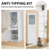 Tall Bathroom Storage Cabinet with Glass Doors, Free-Standing with Adjustable Shelves and Drawers, 18" L x 14" W x 63" H, White(m-8)