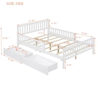 Full Size Wood Platform Bed with 2 Under-Bed Storage Drawers, Solid Bed Frame with Guardrails on Both Sides, 77.5'' L x 57.5'' W x 34.5'' H, White(m-3)