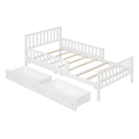 Twin Wood Platform Bed with 2 Under-Bed Storage Drawers, Solid Bed Frame for Children or Restless Sleepers, 77.5'' L x 42'' W x 34.5'' H, White(m-9)