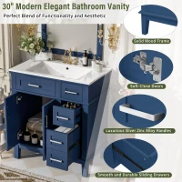 Free-Standing Bathroom Vanity with Ceramic Undermount/Drop-In Sink, Modern Storage Cabinet for Small Condos, 30'' L x 18'' W x 34'' H, Navy Blue(m-8)