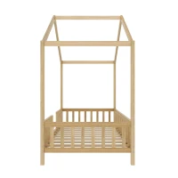 Twin House-Style Toddler Bed with Full Guardrails and DIY Canopy Frame, Montessori Floor Bed with Canopy, 78.5'' L x 41.5'' W x 78'' H, Natural(m-12)