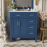 Free-Standing Bathroom Vanity with Ceramic Undermount/Drop-In Sink, Modern Storage Cabinet for Small Condos, 30'' L x 18'' W x 34'' H, Navy Blue(m-10)