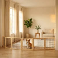 PawHut Wooden Pet Gate, 6-Panel Folding Dog Safety Barrier with Support Feet for Small & Medium Dogs, Natural Wood(m-2)