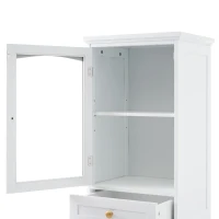 Tall Bathroom Storage Cabinet with Glass Doors, Free-Standing with Adjustable Shelves and Drawers, 18" L x 14" W x 63" H, White(m-11)