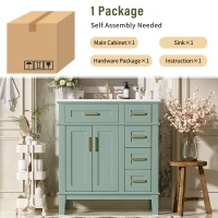 Solid Bathroom Vanity with Ceramic Undermount/Drop-In Sink, Modern Storage Cabinet for Compact Washrooms, 30'' L x 18'' W x 34'' H, Light Green(m-9)