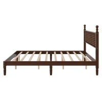 King-Size Wood Platform Bed with Gourd-Shaped Headboard, Sturdy Wooden Frame for Classic or Eclectic Interior, 84.5'' L x 79'' W x 45'' H, Walnut(m-7)