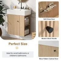 Modern Wall-Mounted Bathroom Vanity with Ceramic Basin, Space-Saving Floating Cabinet for Compact Bathrooms, 21.5'' L x 12'' W x 26.5'' H, Wood(m-5)