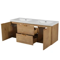 Double Sink Bathroom Vanity with Integrated SMC Top, Wall-Mounted Floating Cabinet for 2 People, 59.5'' L x 20'' W x 25.5'' H, Wood(m-14)