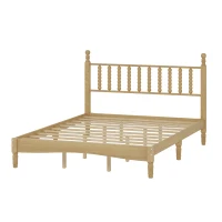Queen Size Wood Platform Bed with Retro Gourd-Shaped Headboard, Solid Bed Frame for Eclectic Bedrooms, 84.5'' L x 63.5'' W x 45'' H, Natural(m-10)