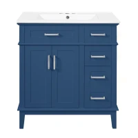 Free-Standing Bathroom Vanity with Ceramic Undermount/Drop-In Sink, Modern Storage Cabinet for Small Condos, 30'' L x 18'' W x 34'' H, Navy Blue(m-2)