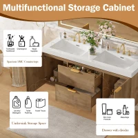Double Sink Bathroom Vanity with Integrated SMC Top, Wall-Mounted Floating Cabinet for 2 People, 59.5'' L x 20'' W x 25.5'' H, Wood(m-6)