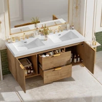Double Sink Bathroom Vanity with Integrated SMC Top, Wall-Mounted Floating Cabinet for 2 People, 59.5'' L x 20'' W x 25.5'' H, Wood(m-11)