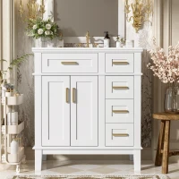 Solid Bathroom Vanity with Ceramic Undermount/Drop-In Sink, Modern Storage Cabinet for Compact Washrooms, 30'' L x 18'' W x 34'' H, White(m-10)