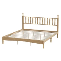 King Size Wood Platform Bed with Gourd-Shaped Headboard, Sturdy Bed Frame for Classic or Eclectic Décor, 84.5'' L x 79'' W x 45'' H, Natural(m-8)