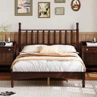 Full Size Wood Platform Bed with Retro Gourd-Shaped Headboard & Wooden Slat, Solid Bed Frame for Eclectic Decors, 79'' L x 57'' W x 45'' H, Walnut(m-4)