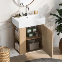 Space-Saving Floating Bathroom Vanity with Ceramic Basin, Wall-Mounted Cabinet for Compact Washroom, 21.5'' L x 12'' W x 26.5'' H, Wood(m-9)
