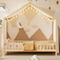 Twin House-Style Toddler Bed with Full Guardrails and DIY Canopy Frame, Montessori Floor Bed with Canopy, 78.5'' L x 41.5'' W x 78'' H, Natural(m-7)