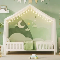 Twin House-Shaped Toddler Bed with 4 High Guard Railings & Roof Frame, Montessori Floor Bed with Canopy, 78.5'' L x 41.5'' W x 78'' H, White(m-7)