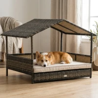 PawHut Wicker Dog House Outdoor with Canopy, Rattan Dog Bed with Water-resistant Cushion, Raised Dog Bed for Small, Medium Dogs up to 66 lbs, 19.75" in Length, Brown Wicker, White Cushion(m-5)