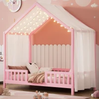 Twin-Size House-Style Toddler Bed Frame with 4-Sided High Railings, Montessori Floor Bed with Canopy, 78.5'' L x 41.5'' W x 78'' H, Pink(m-1)