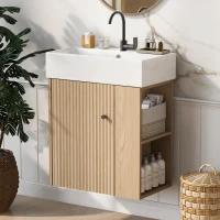 Modern Wall-Mounted Bathroom Vanity with Ceramic Basin, Space-Saving Floating Cabinet for Compact Bathrooms, 21.5'' L x 12'' W x 26.5'' H, Wood(m-1)